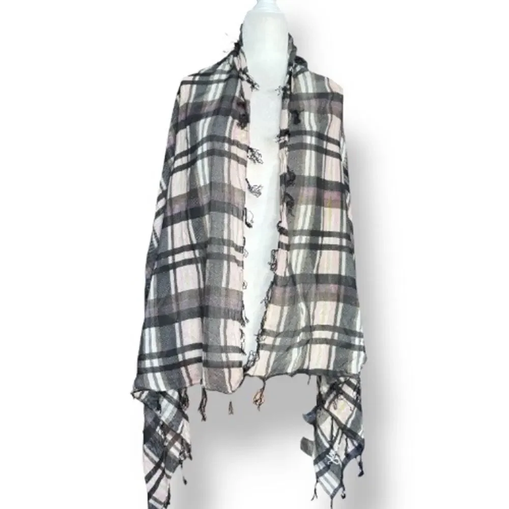 Roxy Neutral Plaid Lightweight Scarf Black Gray Cream Fringe Classic Accessory